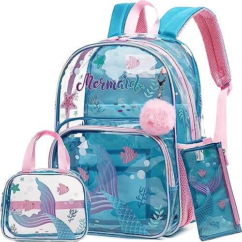 Meetbelify Mermaid Backpack for Girls Backpack with Lunch Box Set for Elementary Kindergarten Student Kids Clear School Bag for Girls - Image 1