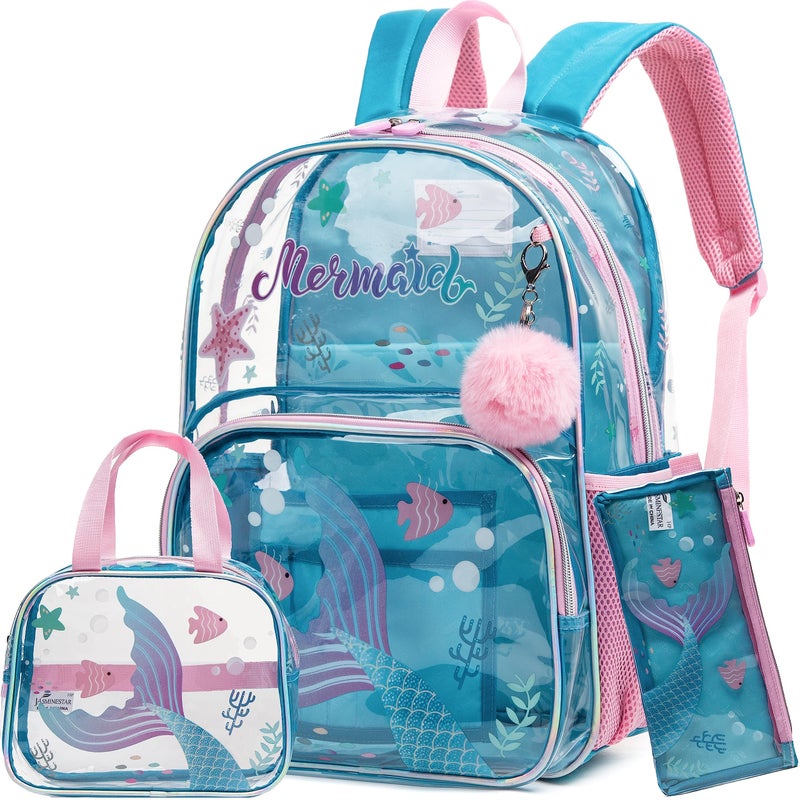 Meetbelify Mermaid Backpack for Girls Backpack with Lunch Box Set for Elementary Kindergarten Student Kids Clear School Bag for Girls - Image 2