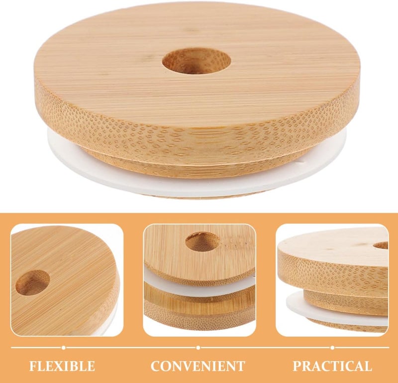 6pcs Wooden Grain Mason Jar Lids with Straw Hole, Reusable Silicone Seal, Multipurpose Glass Jar Covers for Canning and Beverage Storage - Image 3