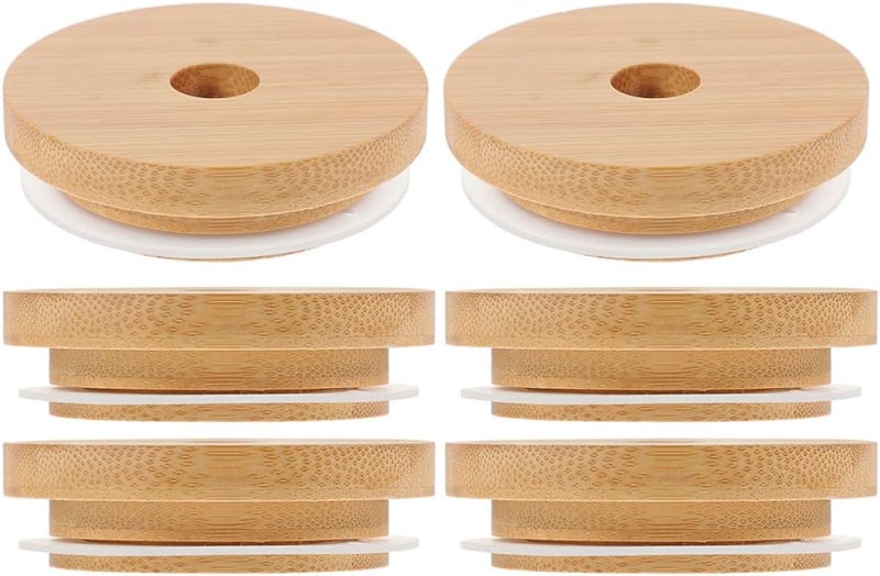 6pcs Wooden Grain Mason Jar Lids with Straw Hole, Reusable Silicone Seal, Multipurpose Glass Jar Covers for Canning and Beverage Storage - Image 1
