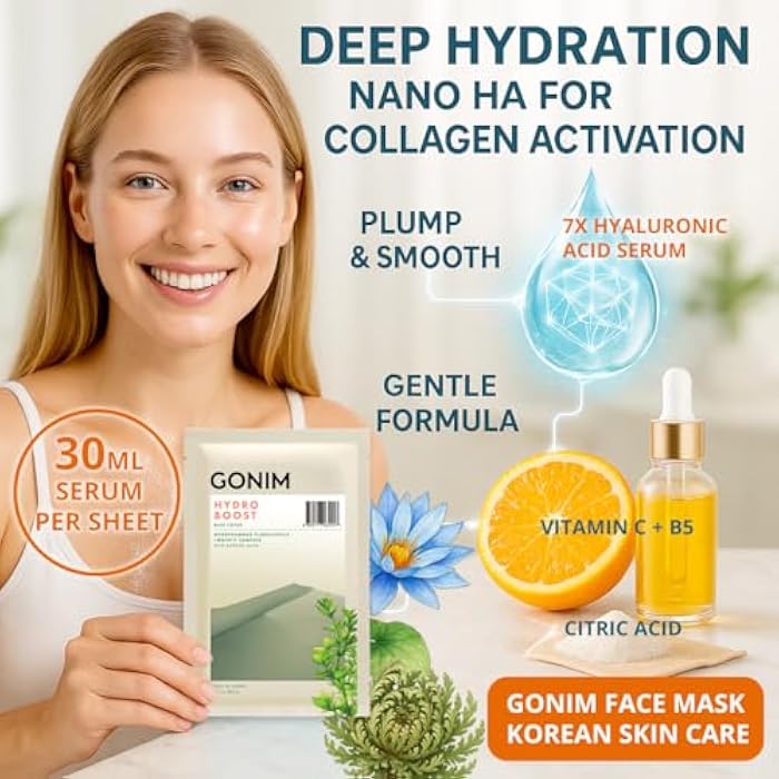GONIM Face Mask Korean Skin Care with Hyaluronic Acid Serum, Collagen Activation, Vitamin C-Face Masks Skincare Hydration, Moisturizing Sheet Mask, Travel Essentials, Korean Face Mask 30ml x10pcs - Image 2