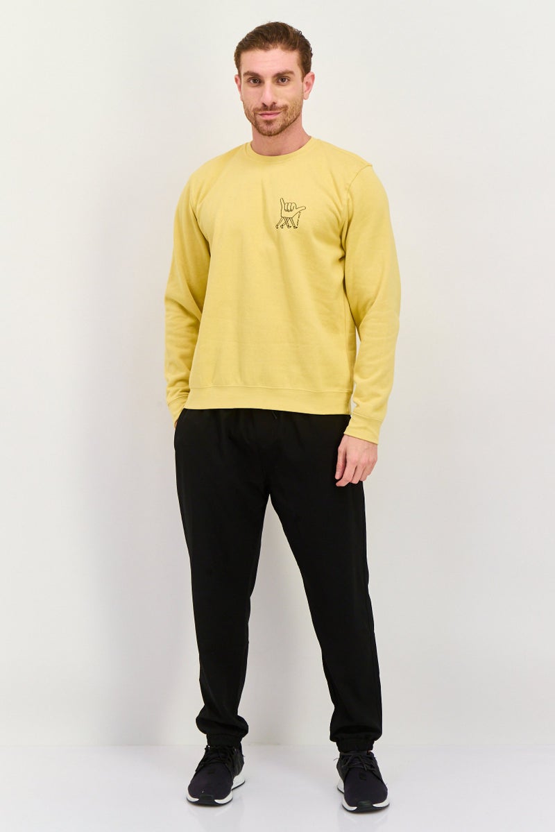 Hurley سويت شيرت رجالي بأكمام طويلة وياقة دائرية مزخرفة، أصفر - Image 3