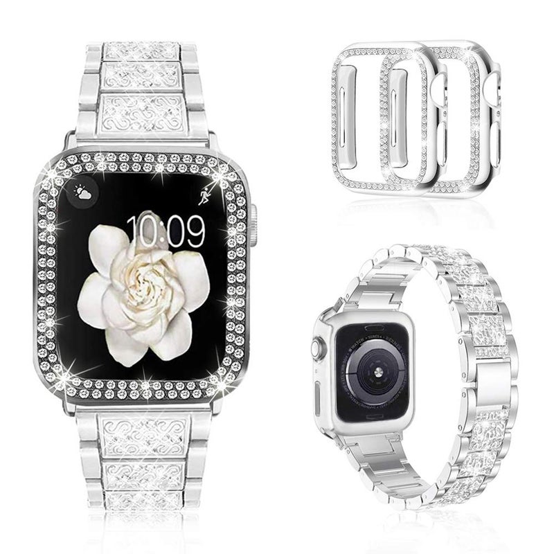 Mosonio Compatible with Apple Watch Band Series 9/8/7 45mm with Case Women, Jewelry Replacement Metal Wristband Strap with 2 Pack Bling PC Protective Cover for iWatch 45mm Series 9/8/7(Silver) - Image 1