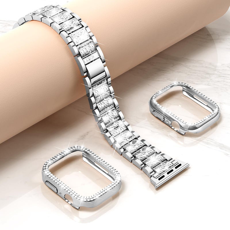Mosonio Compatible with Apple Watch Band Series 9/8/7 45mm with Case Women, Jewelry Replacement Metal Wristband Strap with 2 Pack Bling PC Protective Cover for iWatch 45mm Series 9/8/7(Silver) - Image 4