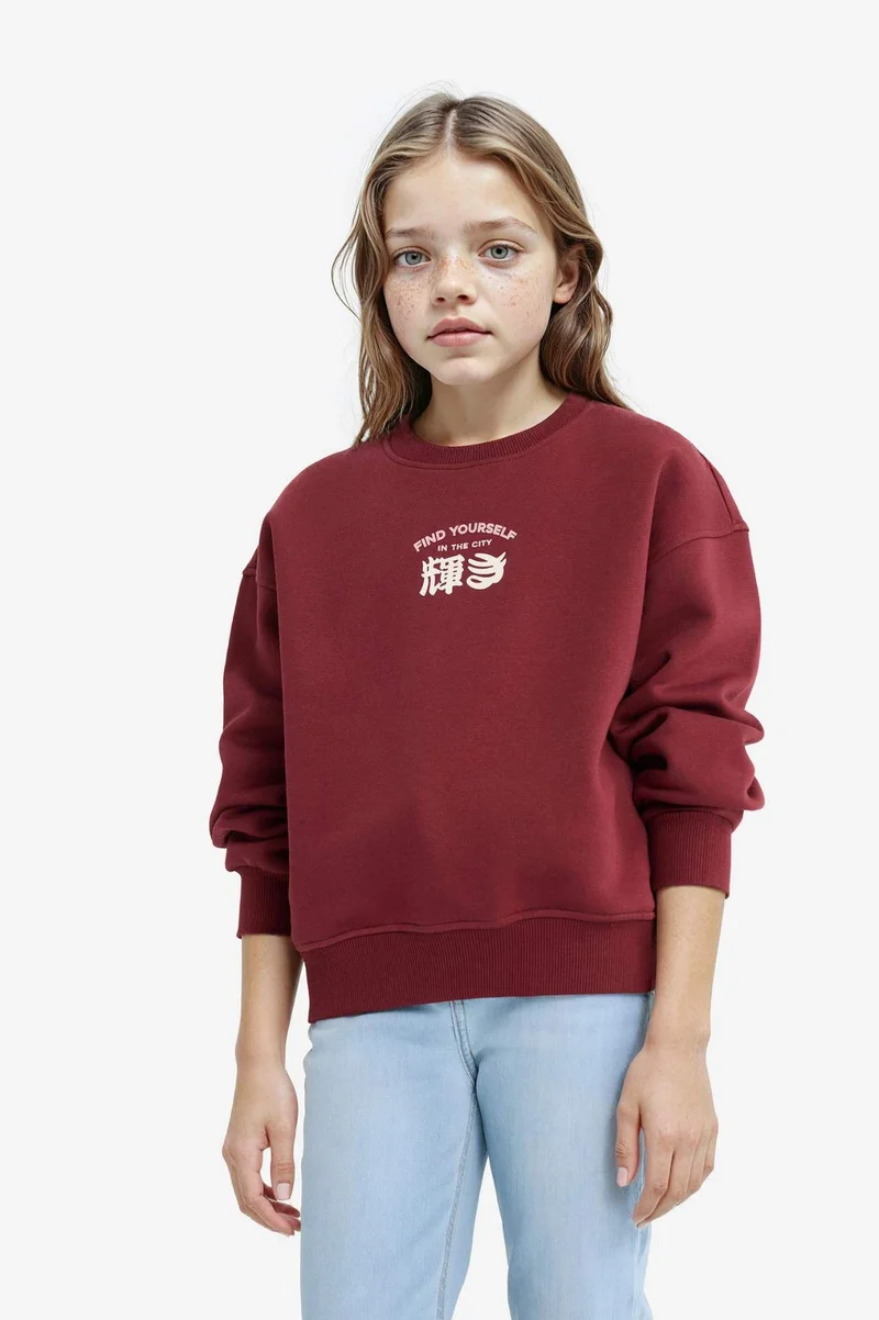 ديفاكتو Girl Relax Fit Crew Neck Printed Soft Lining Sweatshirt