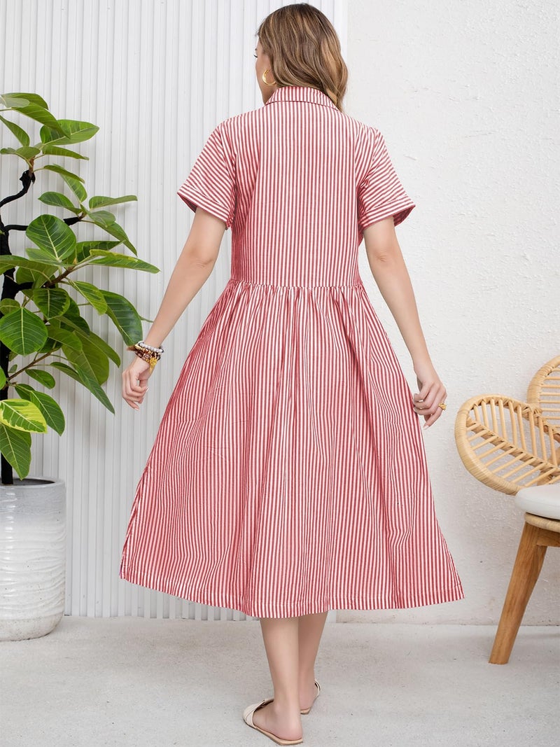 ebossy Women's Boho Striped Shirt Dress Button Up Side Slit Loose Mid Long Cotton Dress with Pockets (L, Rose) - Image 5