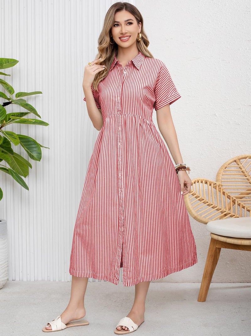 ebossy Women's Boho Striped Shirt Dress Button Up Side Slit Loose Mid Long Cotton Dress with Pockets (L, Rose) - Image 2