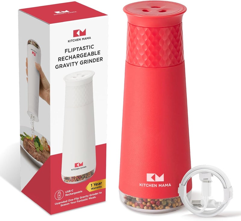 Kitchen Mama FlipTastic Rechargeable Salt and Pepper Grinder – Gravity Electric Grinder, Pepper Mill, Adjustable Coarseness, One-Hand Operation, Refillable Salt and Pepper Mill for Kitchen (Red) - Image 1