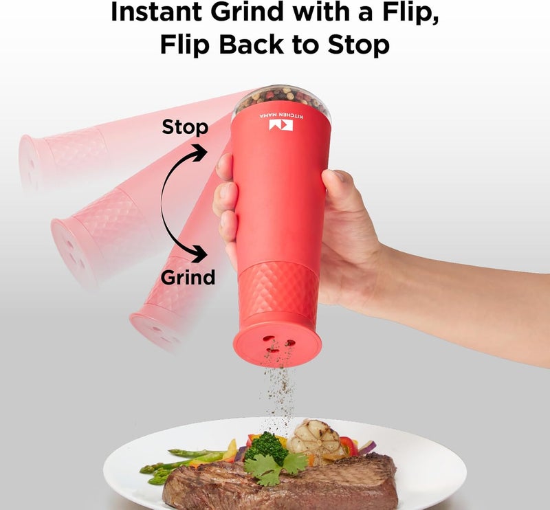 Kitchen Mama FlipTastic Rechargeable Salt and Pepper Grinder – Gravity Electric Grinder, Pepper Mill, Adjustable Coarseness, One-Hand Operation, Refillable Salt and Pepper Mill for Kitchen (Red) - Image 3