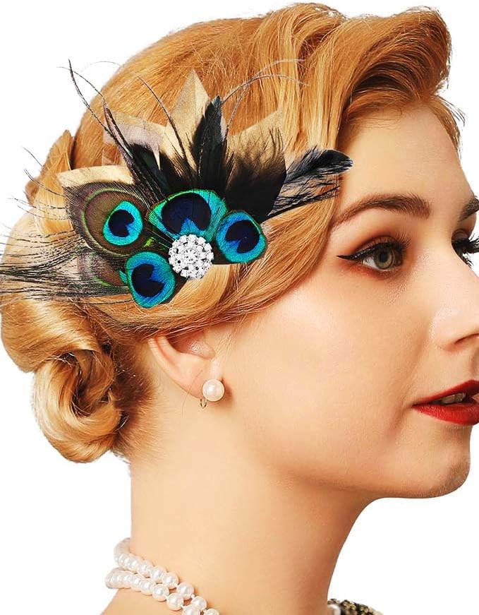 GENBREE Peacock Feather Hair Clip Crystal Gatsby Headpiece Cocktail Hair Accessories for Women and Girls 