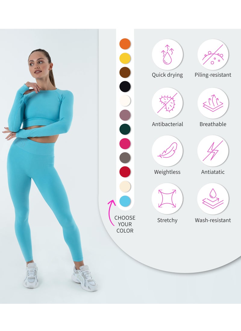 Bernessi Turkiye Nylon Sports Leggings for Women High Waisted Ladies Workout Running Fitness Yoga Gym Pants with Tummy Control Textured Light Blue  - Image 5
