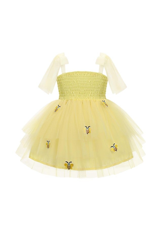 OBEEII Toddler Girls Summer Tulle Tutu Dress Bee Birthday Party Smocked Cute Ruffle Tiered Sundress Infant Baby Baptism Cake Smash Photoshoot Dress Wedding Flower Girl Dress Yellow 18-24 Months - Image 1