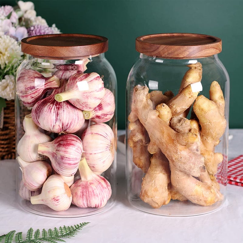 SAIOOL 1 Gallon Glass Jar with Wooden Acacia Airtight Lid,Large Glass Storage Jar set of 2, BPA-Free Cereal Dispenser Jars for flour,Spaghetti Pasta, Powder, Tea, Coffee - Image 1