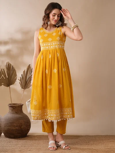 globus Women Mustard & White Floral Embroidered Pleated Thread Work Pure Cotton Kurta & Trousers