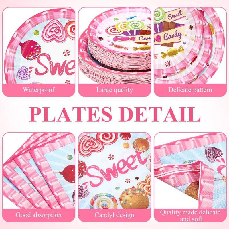 Funnymoom 250 Pcs Candyland Party Decorations Sweet Candy Lollipop Paper Plates Cups and Napkins Disposable Sweet Candy Themed Pink Tableware Set for Baby Shower Birthday Party Supplies  Serves 50 - Image 1