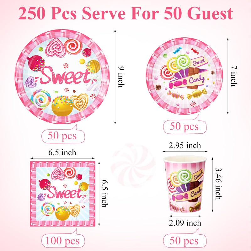 Funnymoom 250 Pcs Candyland Party Decorations Sweet Candy Lollipop Paper Plates Cups and Napkins Disposable Sweet Candy Themed Pink Tableware Set for Baby Shower Birthday Party Supplies  Serves 50 - Image 2