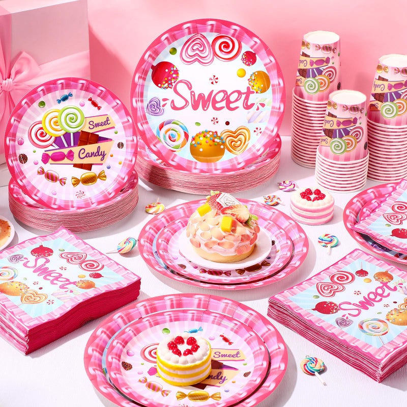 Funnymoom 250 Pcs Candyland Party Decorations Sweet Candy Lollipop Paper Plates Cups and Napkins Disposable Sweet Candy Themed Pink Tableware Set for Baby Shower Birthday Party Supplies  Serves 50 - Image 3