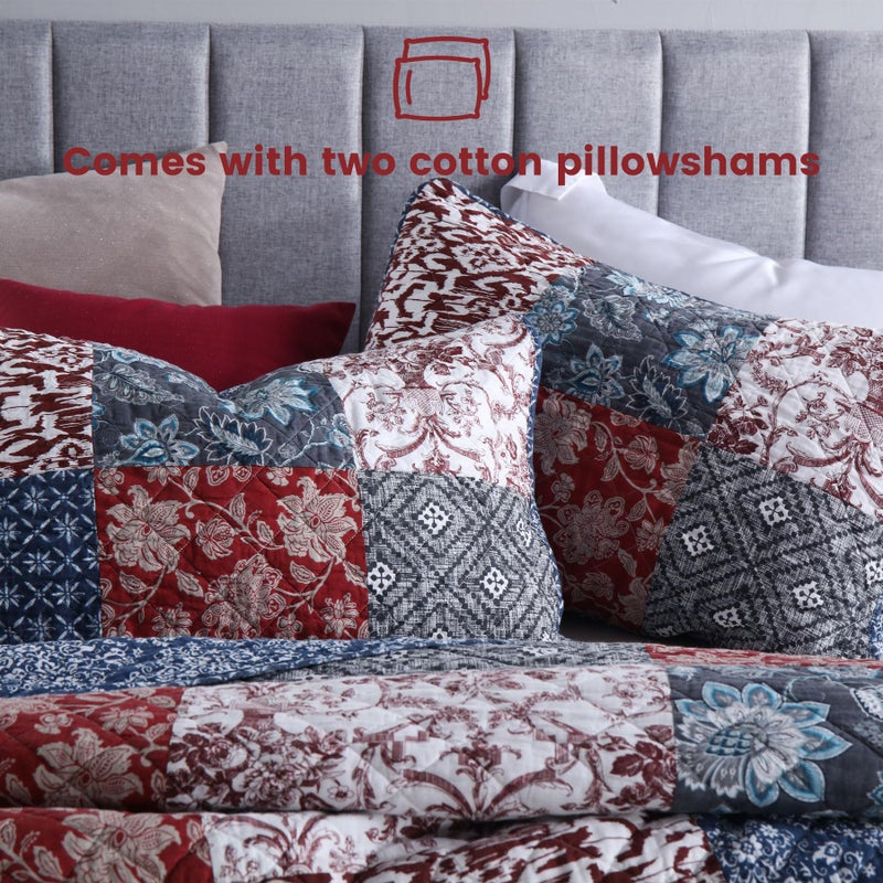 Secgo King Size Comforter Set- 100% Cotton Quilt King Size Set, Burgundy bedspreads (96 * 108 Inch) with 2 Pillow Shams, Patchwork Reversible Lightweight Bedding - Image 5