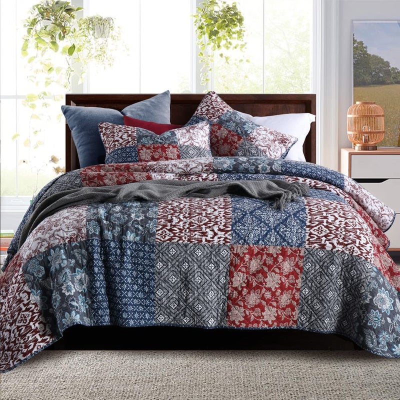 Secgo King Size Comforter Set- 100% Cotton Quilt King Size Set, Burgundy bedspreads (96 * 108 Inch) with 2 Pillow Shams, Patchwork Reversible Lightweight Bedding - Image 1