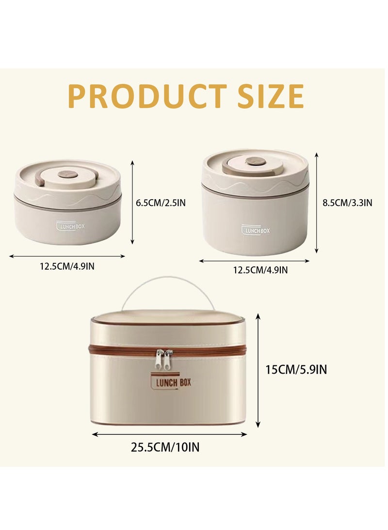 Adando Stainless Steel Lunch Box: 2 * 420ml+2*550ml Microwave-Safe Round Bento Box - 304 Stackable Insulated Leakproof 4 Pack , with Thermal Bag& Cutlery - for Adults Students Office School Picnic Camping (Light Brown)
