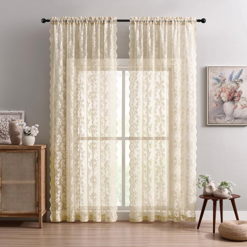 FOLKSIDE Beige Lace Curtains - 63 Inch Length, 2 Panels Set - Victorian Floral Sheer Curtains for Living Room & Bedroom - Rod Pocket, Light Filtering, Paisley Crochet Drapes, 52x63 - Image 2