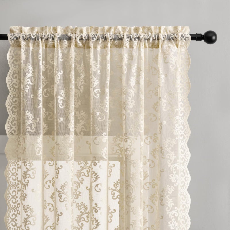 FOLKSIDE Beige Lace Curtains - 63 Inch Length, 2 Panels Set - Victorian Floral Sheer Curtains for Living Room & Bedroom - Rod Pocket, Light Filtering, Paisley Crochet Drapes, 52x63 - Image 3