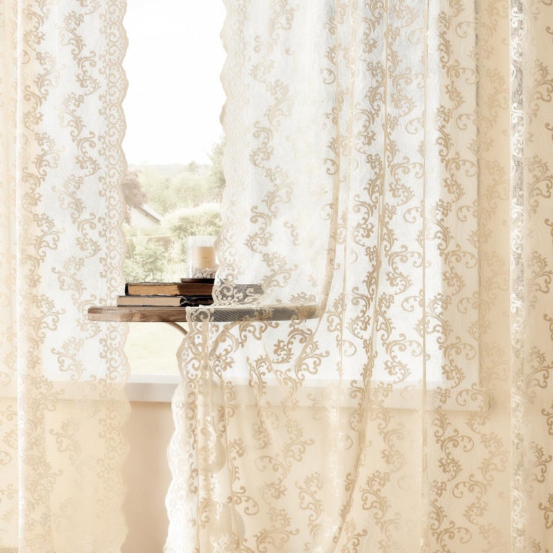 FOLKSIDE Beige Lace Curtains - 63 Inch Length, 2 Panels Set - Victorian Floral Sheer Curtains for Living Room & Bedroom - Rod Pocket, Light Filtering, Paisley Crochet Drapes, 52x63 - Image 4