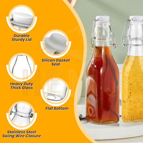 HENIJ 250ml Glass Bottle with Airtight Rubber Seal Flip Caps | Clear Swing Top Glass Beer Bottles for Home Brewing, Beverages, Water, Wine, Milk, Oil, Soda, Pack Of 6, Square - Image 3