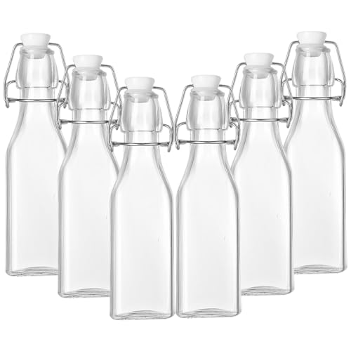 HENIJ 250ml Glass Bottle with Airtight Rubber Seal Flip Caps | Clear Swing Top Glass Beer Bottles for Home Brewing, Beverages, Water, Wine, Milk, Oil, Soda, Pack Of 6, Square - Image 1