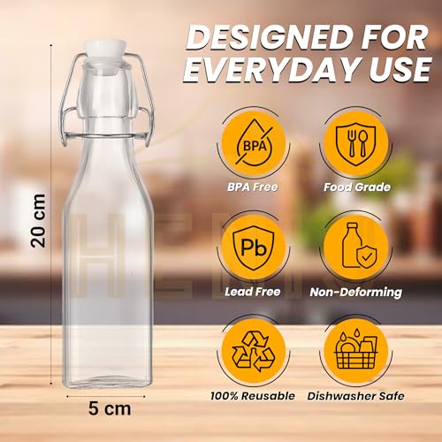 HENIJ 250ml Glass Bottle with Airtight Rubber Seal Flip Caps | Clear Swing Top Glass Beer Bottles for Home Brewing, Beverages, Water, Wine, Milk, Oil, Soda, Pack Of 6, Square - Image 2
