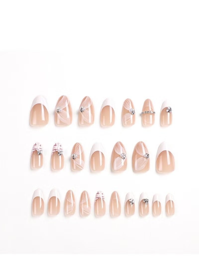 GlamKit 24PCS Press on Nails, Long Pointed Nail Art, French Style, Inlaid Diamond, Wear Nails, False Acrylic Nails with Glue Kit - Image 5