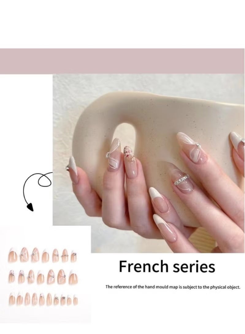 GlamKit 24PCS Press on Nails, Long Pointed Nail Art, French Style, Inlaid Diamond, Wear Nails, False Acrylic Nails with Glue Kit - Image 4