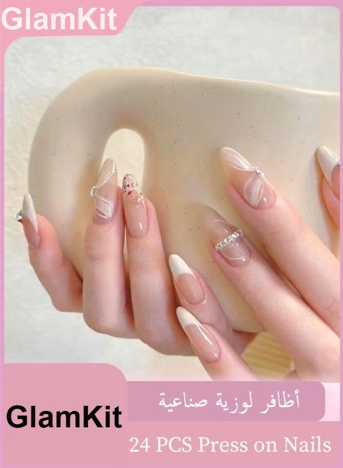 GlamKit 24PCS Press on Nails, Long Pointed Nail Art, French Style, Inlaid Diamond, Wear Nails, False Acrylic Nails with Glue Kit - Image 1
