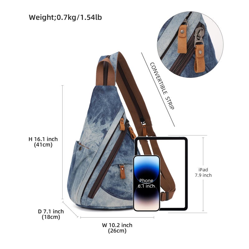 KL928 Canvas Sling Bag - Small Crossbody Backpack Shoulder Casual Daypack Rucksack for Men Women(Blue-white Washed) - Image 2