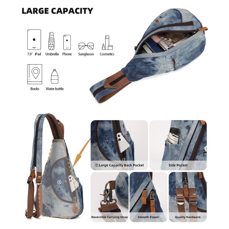 KL928 Canvas Sling Bag - Small Crossbody Backpack Shoulder Casual Daypack Rucksack for Men Women(Blue-white Washed) - Image 4