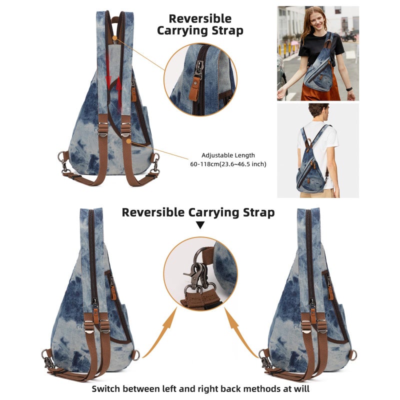 KL928 Canvas Sling Bag - Small Crossbody Backpack Shoulder Casual Daypack Rucksack for Men Women(Blue-white Washed) - Image 3
