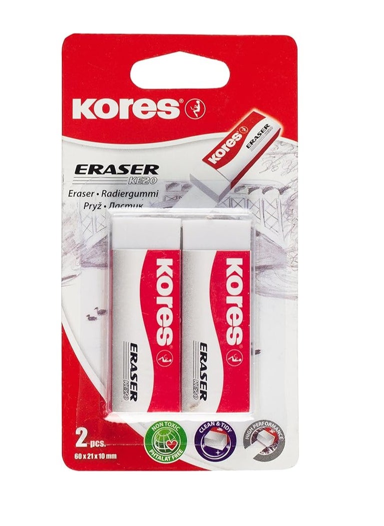 Kores PVC Eraser, White, Paper Sleeved, 60 x 21 x 10 mm, Blister Pack of 2 KE-20  - Image 1