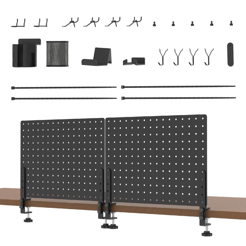HUHOLE Clamp On Desk Pegboard 32 x 12 Complete KitNo Drill Metal Desktop Privacy Panel Organizer with AccessoriesVertical Storage Divider for Home Office Gaming SetupBlack - Image 2