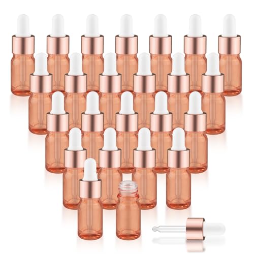 Mirrline 24 Pcs Pink Glass Dropper Bottles Essential Oils Dropper Bottles with Rose Gold Caps & 3 Plastic Droppers & 1 Funnel for Cosmetic Liquid - 5ml - Image 1