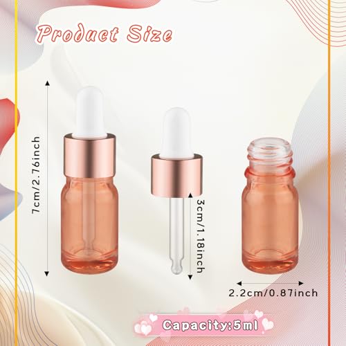 Mirrline 24 Pcs Pink Glass Dropper Bottles Essential Oils Dropper Bottles with Rose Gold Caps & 3 Plastic Droppers & 1 Funnel for Cosmetic Liquid - 5ml - Image 2