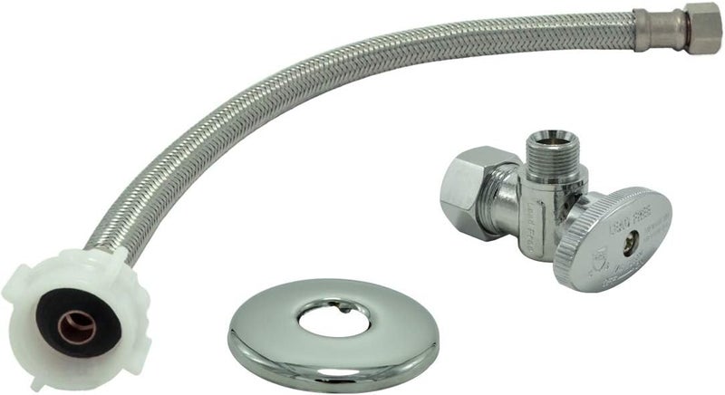 TT FLEX Toilet Connector Water Line Kit with 12" Length Long 3/8" COMP x 7/8" BC Toilet Connector Hose, 1/2 inch NOM Inlet x 3/8 inch OD Compression Outlet Angle Shut Off and Escutcheon Plate - Image 1