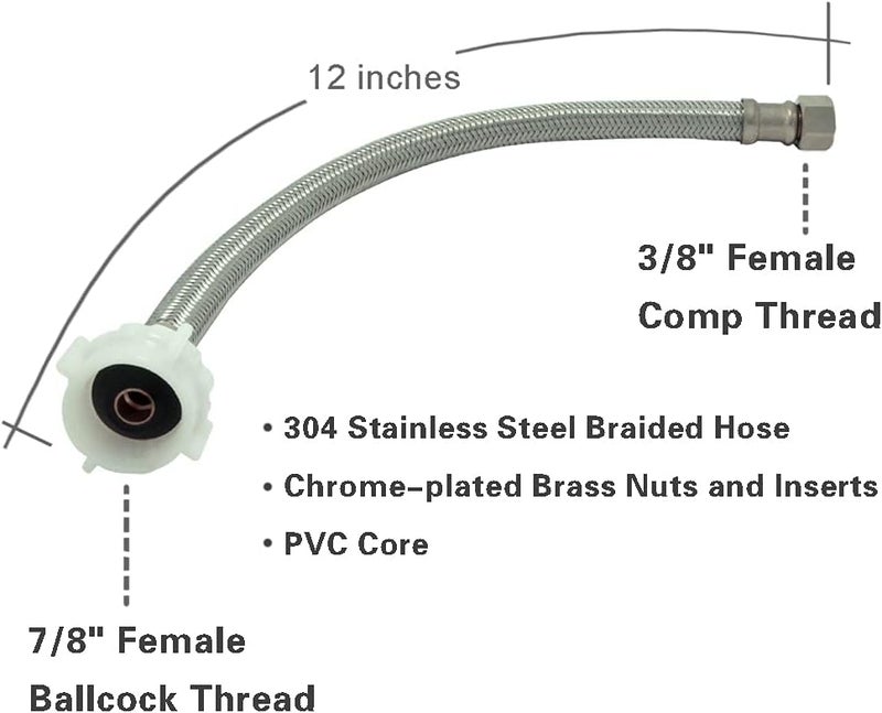 TT FLEX Toilet Connector Water Line Kit with 12" Length Long 3/8" COMP x 7/8" BC Toilet Connector Hose, 1/2 inch NOM Inlet x 3/8 inch OD Compression Outlet Angle Shut Off and Escutcheon Plate - Image 2
