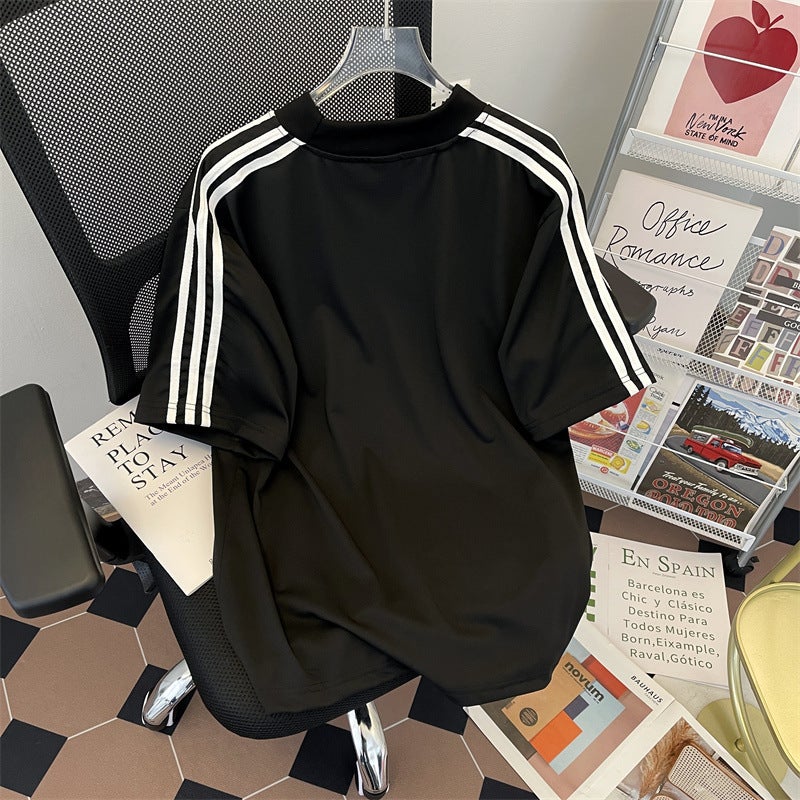 2024 Summer Striped Letter Design Short-Sleeved T-Shirt Men'S American Style Retro Loose Round Neck T-Shirt Mid-Sleeved Base Shirt - Image 5