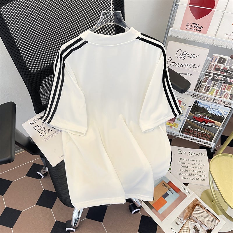2024 Summer Striped Letter Design Short-Sleeved T-Shirt Men'S American Style Retro Loose Round Neck T-Shirt Mid-Sleeved Base Shirt - Image 4