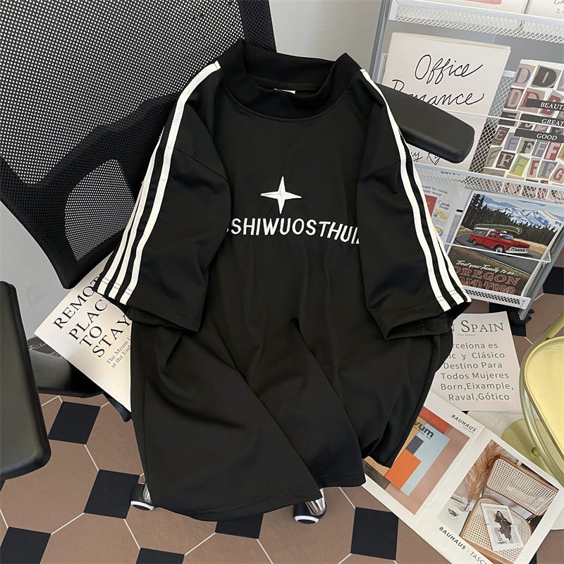 2024 Summer Striped Letter Design Short-Sleeved T-Shirt Men'S American Style Retro Loose Round Neck T-Shirt Mid-Sleeved Base Shirt - Image 3