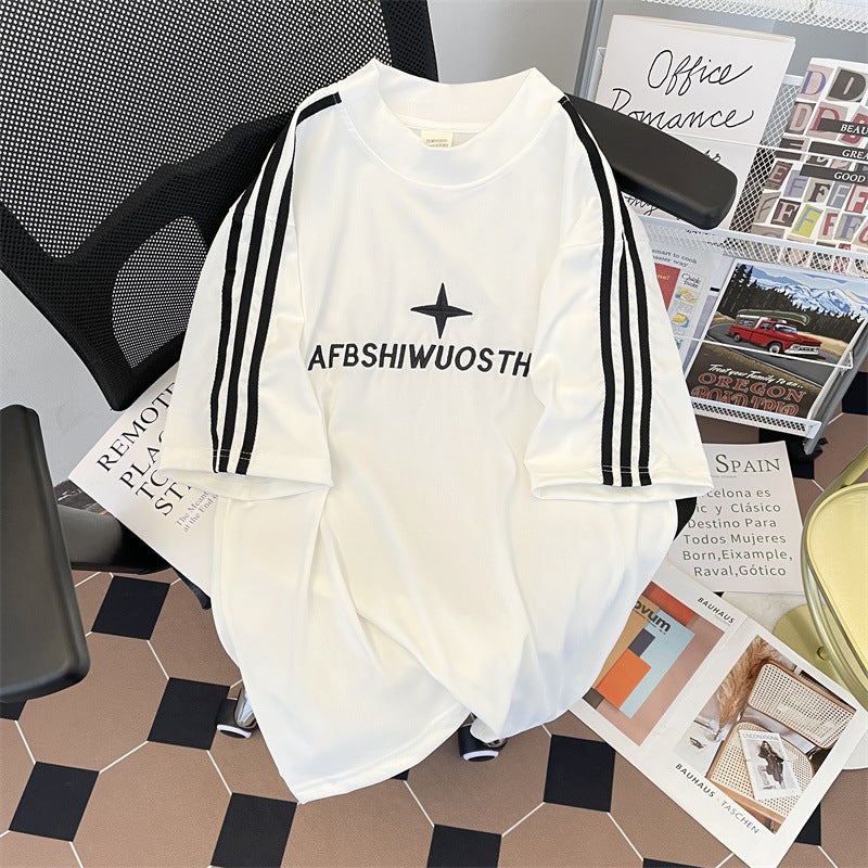 2024 Summer Striped Letter Design Short-Sleeved T-Shirt Men'S American Style Retro Loose Round Neck T-Shirt Mid-Sleeved Base Shirt - Image 2