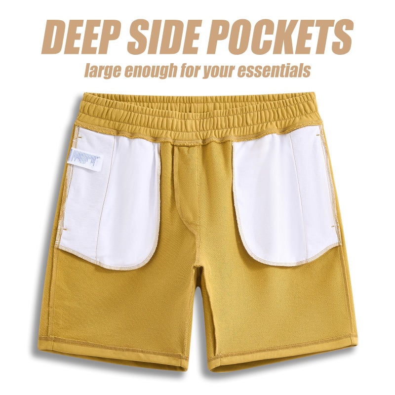 maamgic Mens Sweat Shorts 7" Above Knee Workout Gym Shorts Lounge Shorts with Zipper Pockets Yellow - Image 5