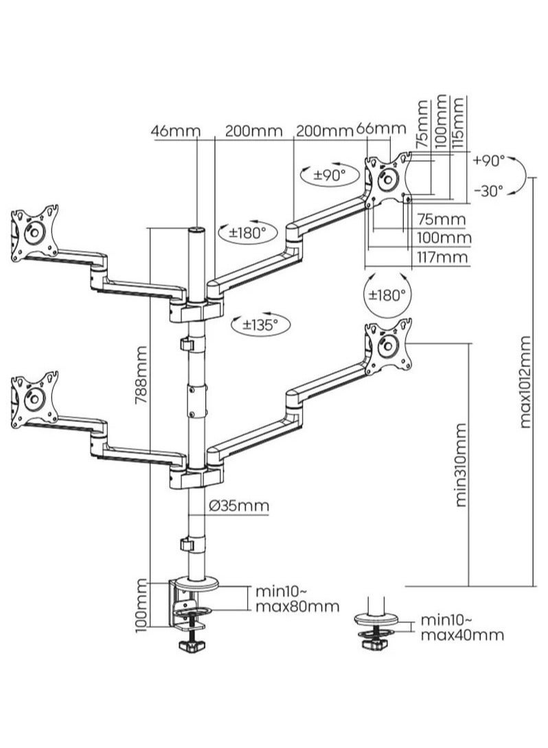 ELTRAZONE Double Quadrant Monitor Stand SH72 CO48 – Premium Aluminium Dual Articulating Arm Mount for 13”-32” Monitors – Matte Black/Silver – 360° Rotation, Height Adjustable, Max Load 6kg per Screen, VESA 100x100mm Compatible - Image 3