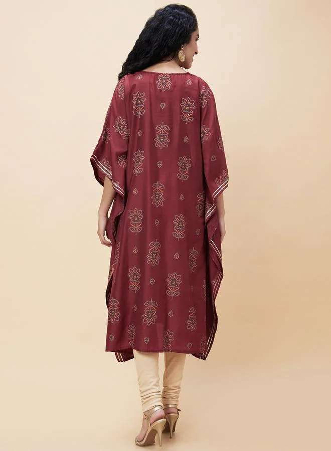 globus All-Over Print Embroidered V Neck Kaftan Kurta by Styli
