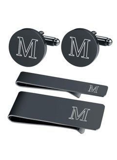 BodyJ4You Initial Cufflinks Tie Bar Money Clip 4Pc Gift Set Personalized Letter M Engraving Fathers Day Wedding Tuxedo Black Steel Men'S Cuff Links  - Image 1
